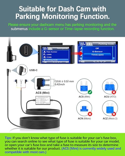 Hardwire Kit for Dash Cam, 4m/13.12ft 12V-24V to 5V 2.5A Car Dash Camera Char... - Afbeelding 3 van 10