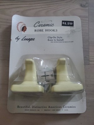 Lenape Ceramic Bathroom Robe Hooks, Yellow with Clips, NOS