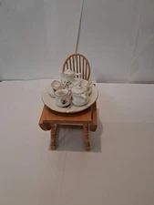 Dollhouse Miniature China Tea Set And Wood Table And Chair