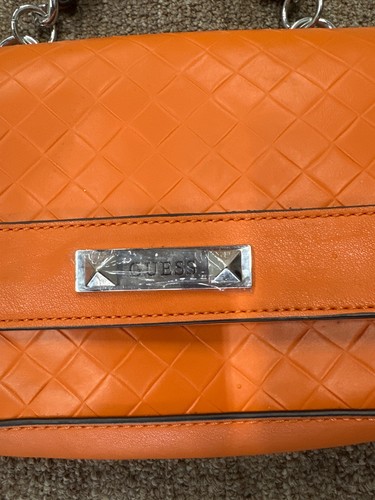 Guess Orange Leather Small Clutch Bag Gunmetal Chain Handle - Picture 2 of 5