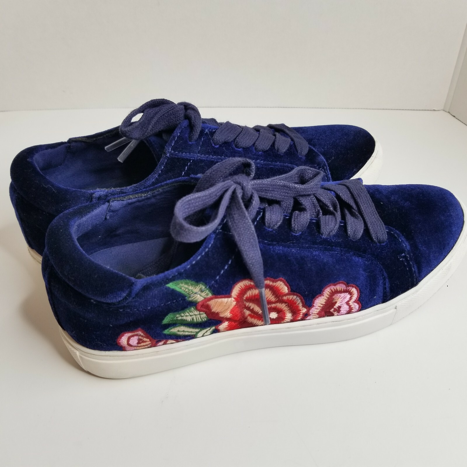 Velvet Sneakers Blue Floral Embroidered 