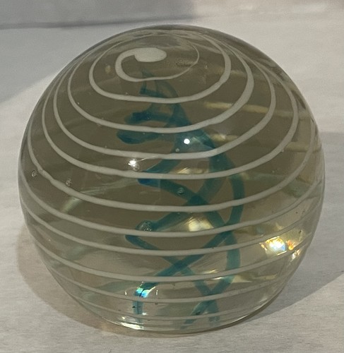 Crystal Glass Inner Blue Swirl Exterior White Swirl Clear Paperweight Gift - Picture 3 of 5