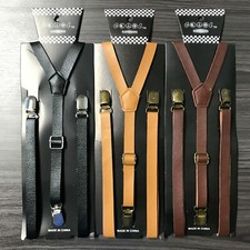 3x FauxLeather assorted Vintage Skinny Adjustable 3Clips Gold Clips-on Suspender