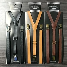 3x FauxLeather assorted Vintage Skinny Adjustable 3Clips Gold Clips-on Suspender