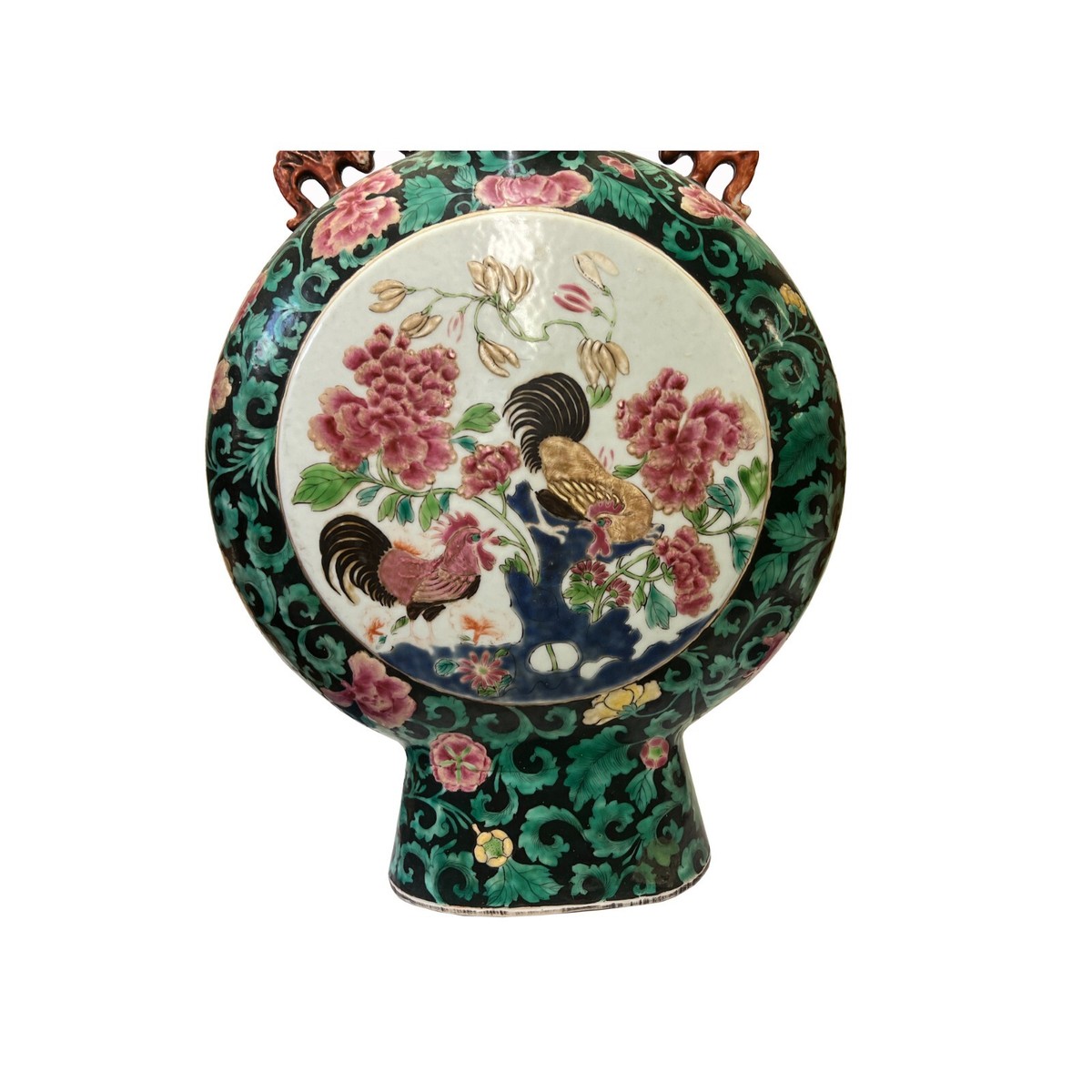 Vintage Chinese Dark Green Graphic Flat Round Flask Porcelain Vase ws3259S Vintage Chinese Dark Green Graphic Flat Round Flask Porcelain Vase ws3259S