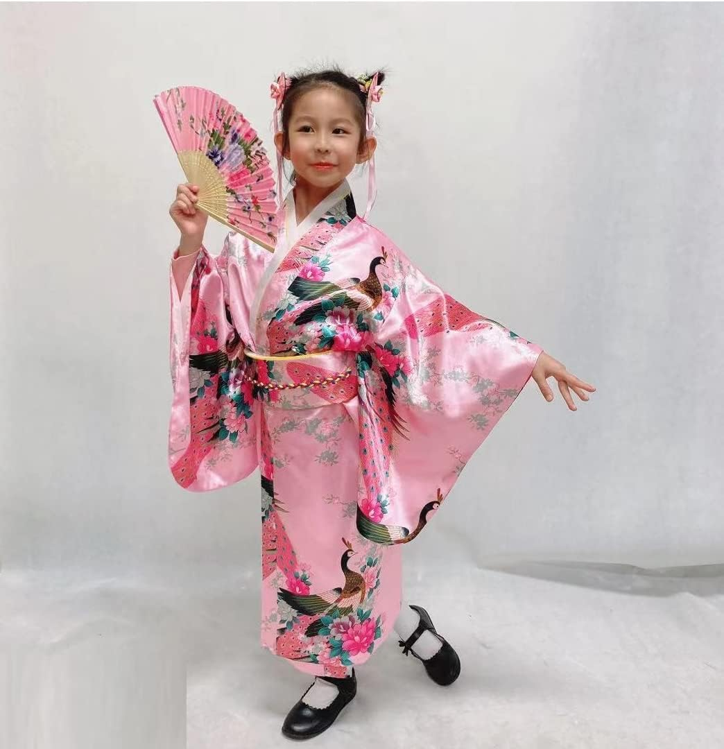 Japanese Kimono Costume Set For Girls - Red Cherry Blossom Robe With Obi, Geta Sandals & Hair Accessories