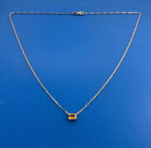 Designer 14K Yellow Gold Emerald Cut Citrine Paper Clip Chain East West Necklace - Picture 2 of 7