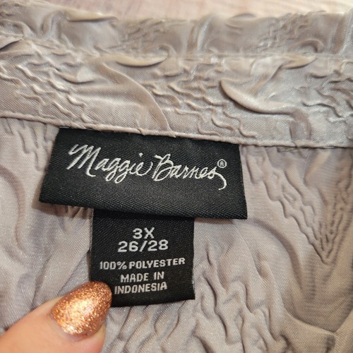 Maggie Barnes Shirt 3X Womens Silver Button Up Flowy Blouse Textured Plus Silky - Picture 7 of 9
