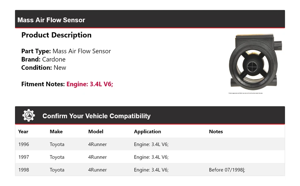 For 1996-1998 Toyota 4Runner 3.4L V6 Mass Air Flow Sensor Cardone 1997 - Image 2 of 4