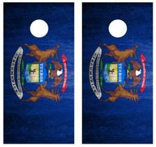 Grunge Michigan Flag Cornhole Board Wrap LAMINATED Wrap Decal Vinyl Sticker 3790