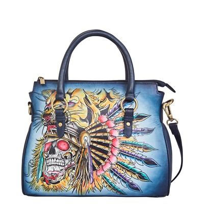 Sishka Leather Tote Bag with Hand Painted Multicolour Tribal Art for womens