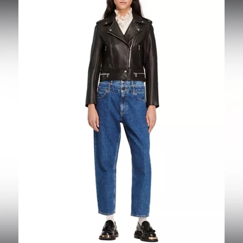 Chaqueta de cuero recortada Sandro Paris negra clásica moto revolve diseñador primavera Foto 2 de 4