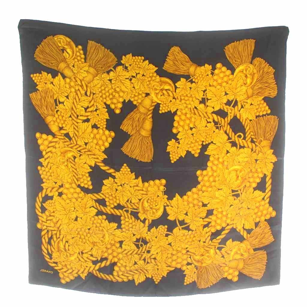 Chanel Scarf Large Pattern Coco Mark Logo Black Gold Color Women's Authentic thumbnail 2