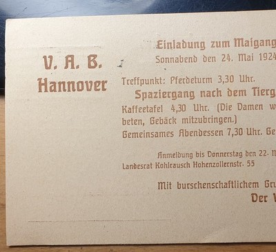 Vereinigung alter Burschenschafter / VAB Hannover - 1924 / Karte