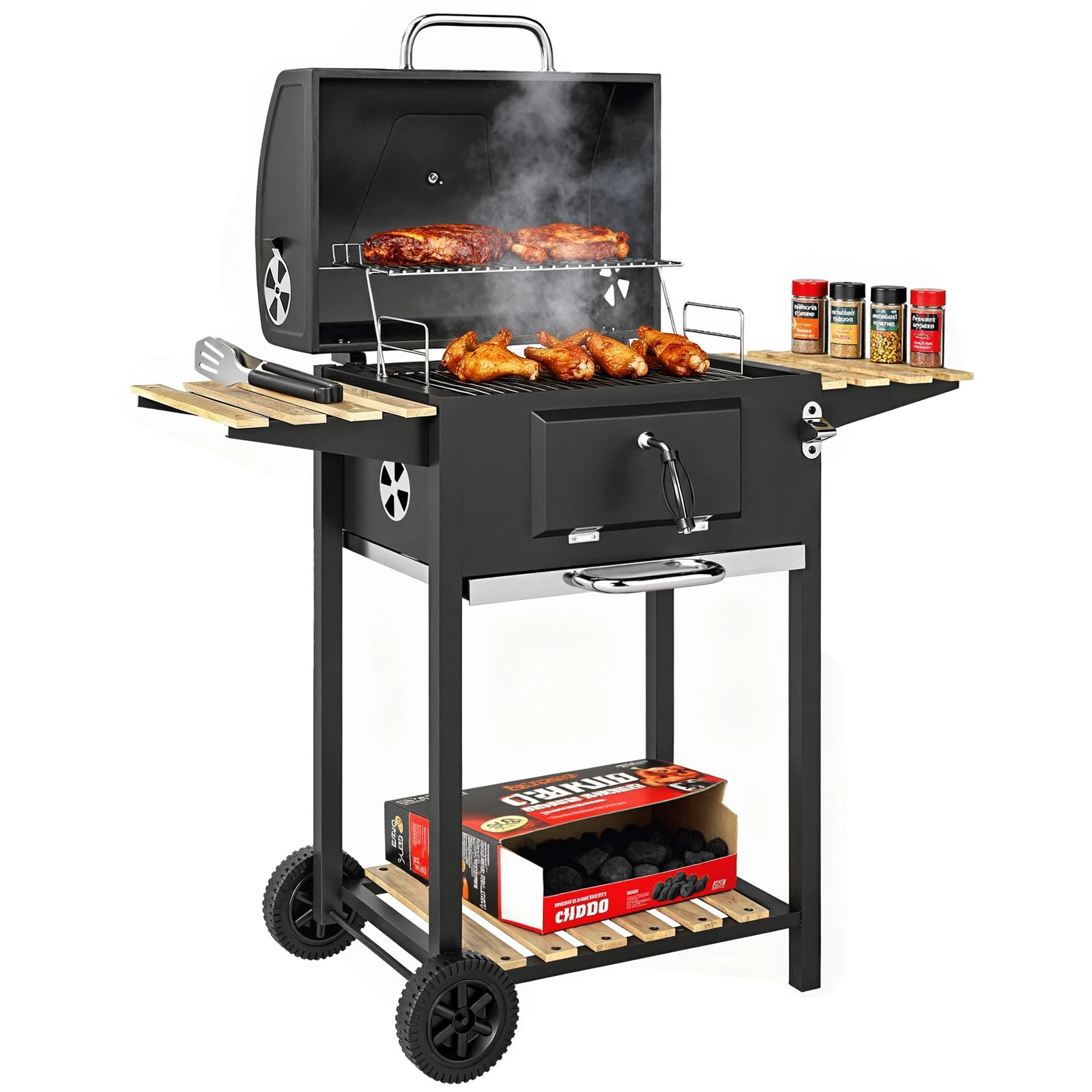 Outsunny Charcoal BBQ Grill with Warming Rack 3 Shelves Temperature Gauge