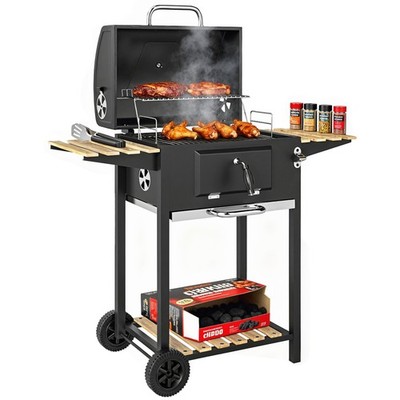 Outsunny Holzkohlegrill mit Warmhalterost 3 Ablagen Temperaturanzeige