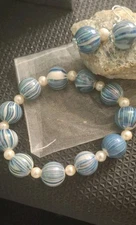 Stretch Bracelet Set Blue & White Swirls Silver Accents Faux Pearl Glass Gleem