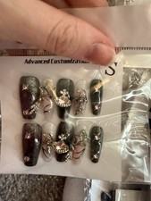 Long 3D Sparkle Press-On Nails Set, Black Pink Silver, Full Cover Square