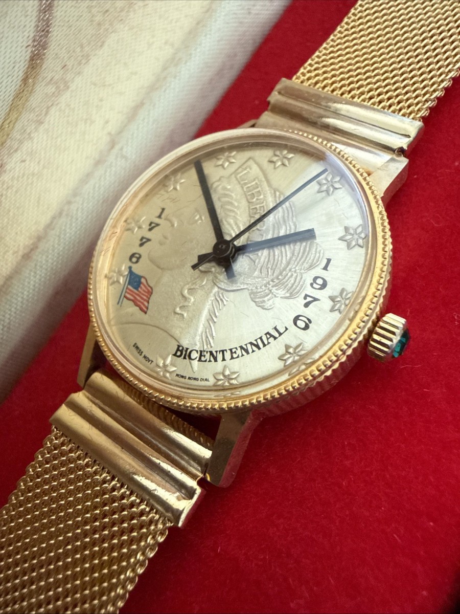 Vtg Bicentennial Coin Watch Unisex Lady Liberty Dial Gold Tone Swiss - Working! VTG Swiss 1776–1976 Bicentennial Liberty Watch Gold Tone  main image 2