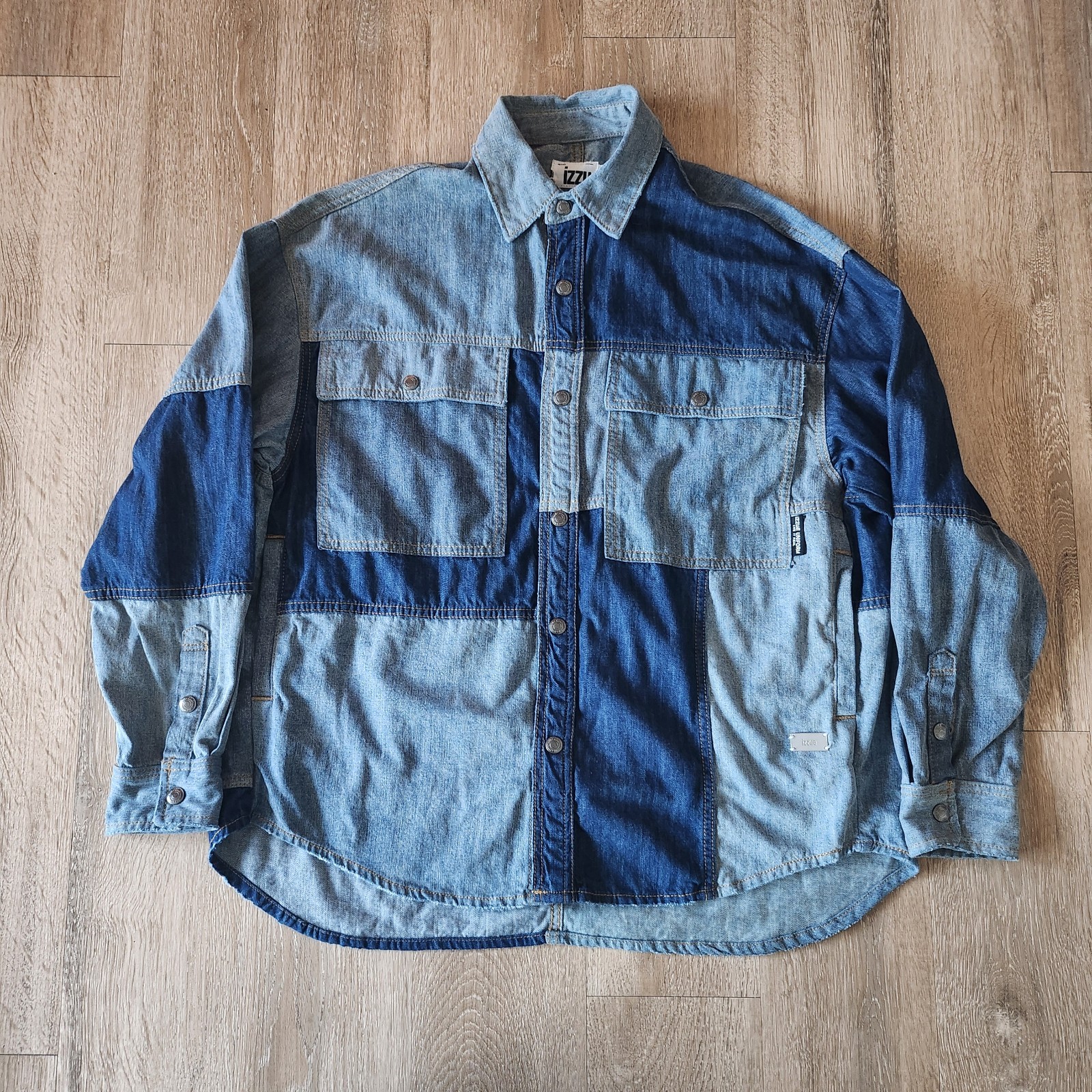 Izzue Raw Patchwork Denim Flannel Button Up Shirt… - image 1