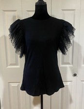 Elegant Black Ruffled Round Neck Cap Sleeve Blouse
