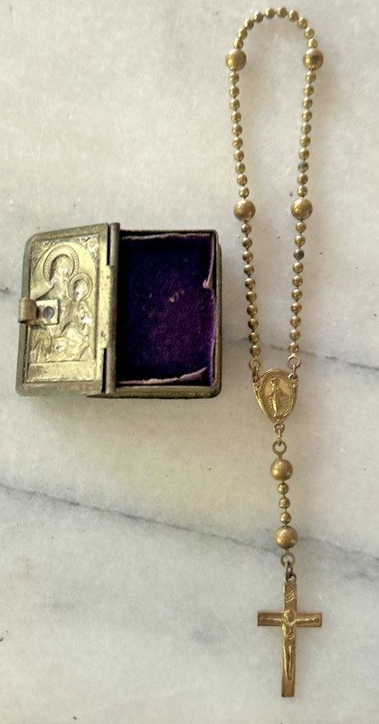 Antique Miniature Pocket Rosary Single Decade in Metal Book  Case Germany