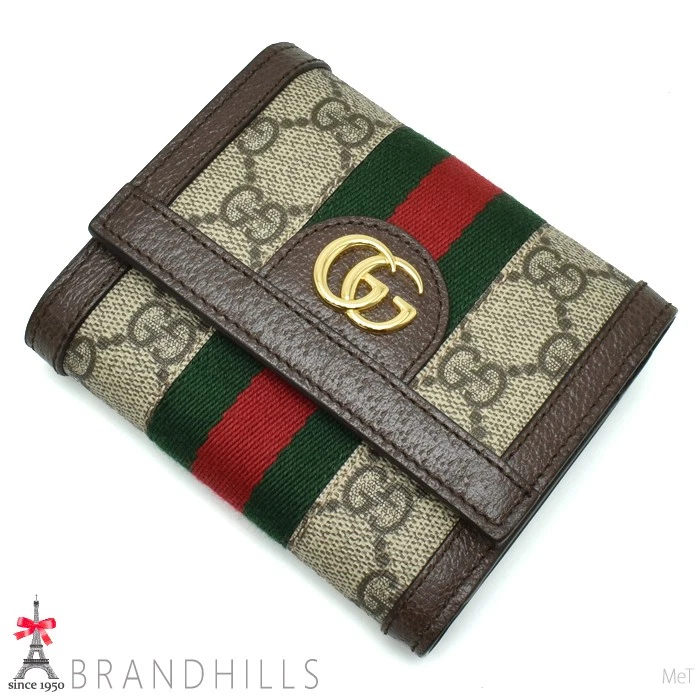 Gucci Portefeuille Tri Fold Femme s GG Supreme Offdia Beige Ébène Compact Wallet 523