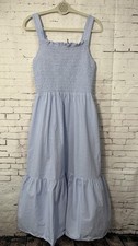 Everlane Smocked Midi Dress Size Medium Blue Tiered Cottagecore Seersucker Beach