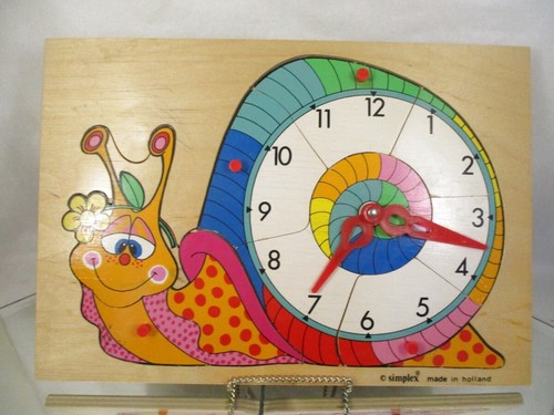 Vintage Simplex Holland Wooden Snail 10pc Peg Puzzle and Clock Preschool Toy Com