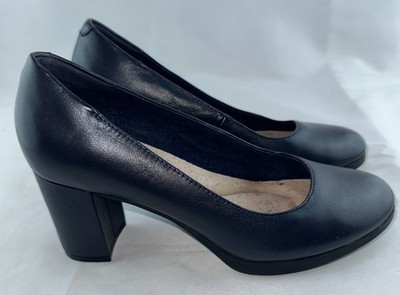 Clarks Bayla Skip Slip-On Block Heel Pumps Navy Leather Ultimate Comfort 7.5