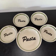 NIB  11”  Pasta Serving & 4  8.5" Individual Bowls Script Writing Fine Stoneware