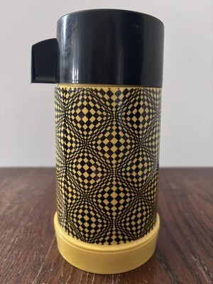 Rare Vintage Aladdin 1/2 Pint Thermos Bottle Psychedelic Yellow Black Checker