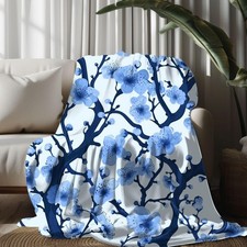 Blue Cherry Blossom Velveteen Plush Blanket Elegant Art