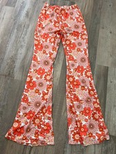 Womens 70s Print Floral Pattern Stretch Pants Size S Bell Bottoms