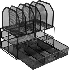 Mesh Desk Organizer with Sliding Drawer, Double Tray and 5 Upright Sections, Fil