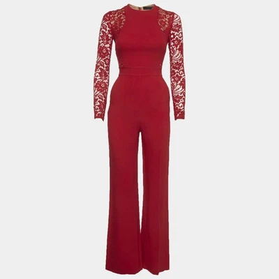 Mono de manga larga de encaje y tejido elástico rojo Elie Saab S - Imagen 1 de 4