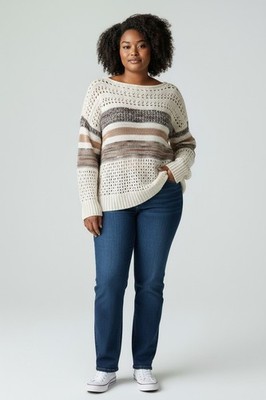 A6 NWT THREE BIRD NEST Cream & Brown Open Knit Acrylic Oversized Sweater Size S