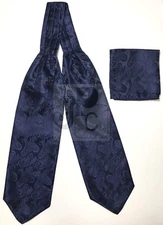 Navy Blue Paisley Italy Design Free Style Casual Ascot Cravat And Pocket Square