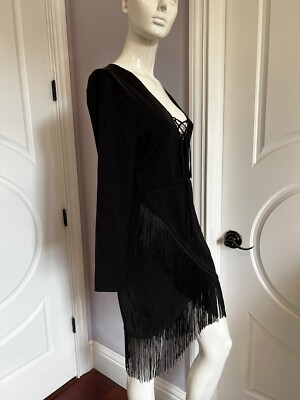 Michael Costello x Revolve Black Long Sleeve Fringe Mini Dress Size Small |  eBay
