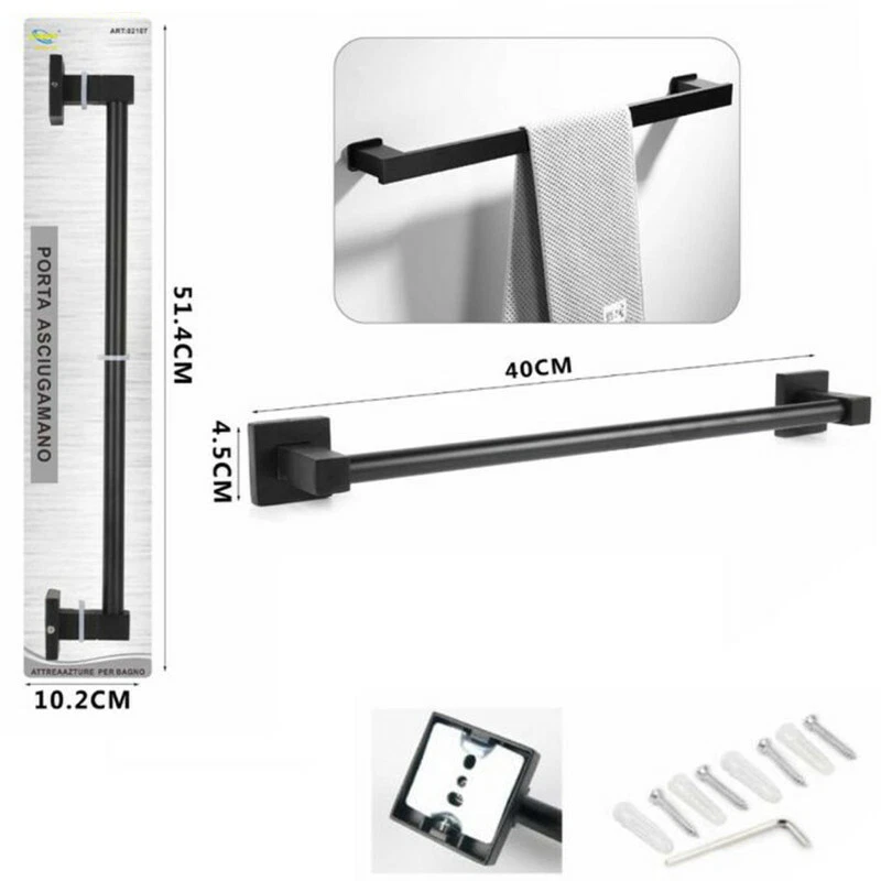PORTA ASCIUGAMANI ASTA SUPPORTO 40CM BAGNO DA MURO ASCIUGA MANO CASA NERO 02107 - Immagine 2 di 2