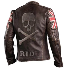 Mens Vintage UK Flag Skull Embossed Casual Distressed Brown Biker Leather Jacket