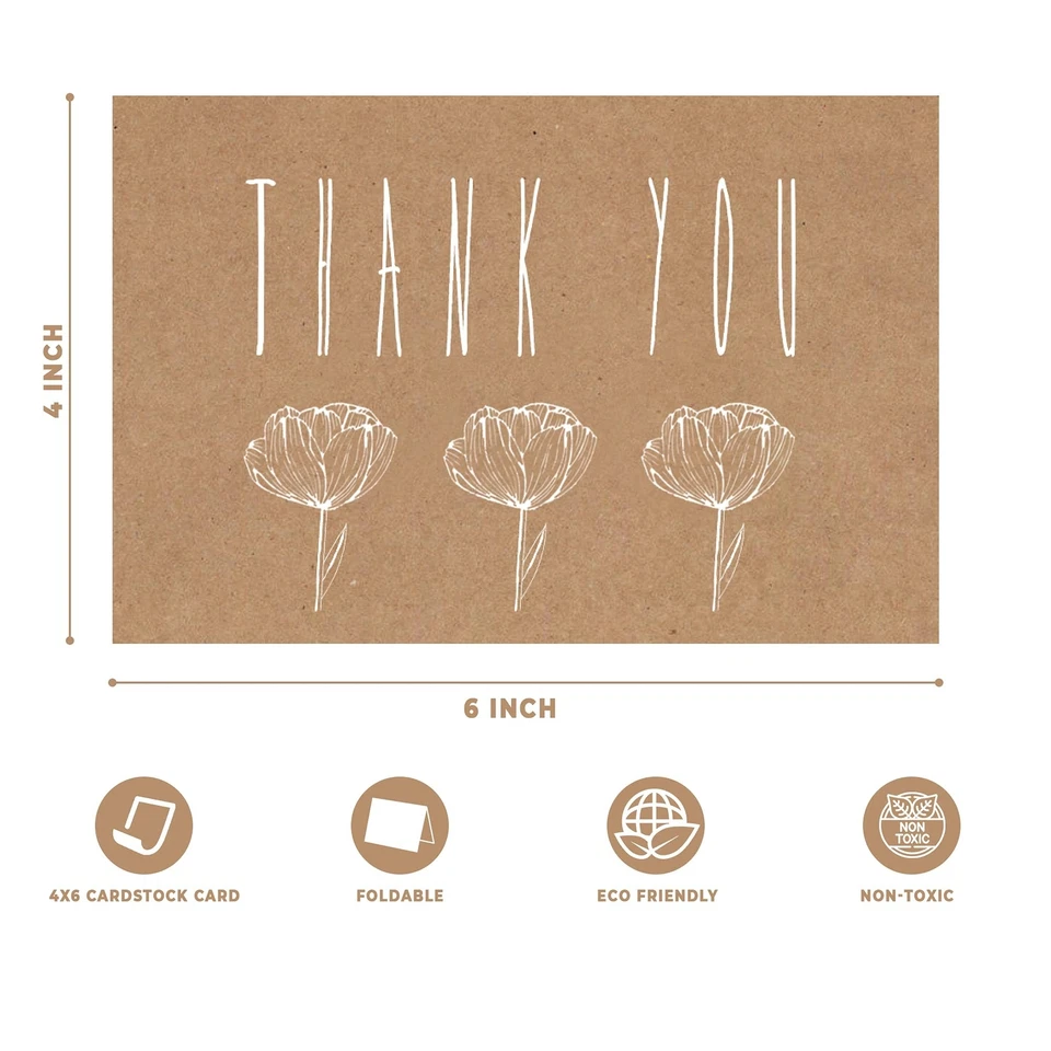 Paquete de 20 tarjetas de agradecimiento 4x6 papel artesanal marrón 4 diseños de surtido en blanco Tha... Foto 3 de 4