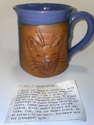 Stoneware Cat Face Mug Blue and Tan Hand Thrown Kitty Cup Signed Helwig 4 inch