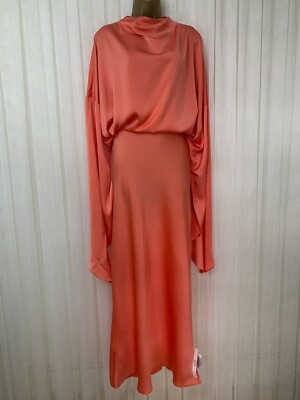 Asos Design Coral Satin Overlay Dress Long Sleeve Maxi High Neck Modest  Occasion UK