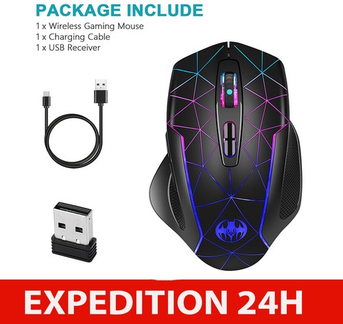 Souris gaming sans fil rechargeable LED gamer PC silencieuse ergonomique neuve - Photo 1 sur 8