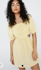 Nasty Gal Textured Cut Out Smock Mini Dress In Yellow Puff Sleeves UK 16 RRP £49