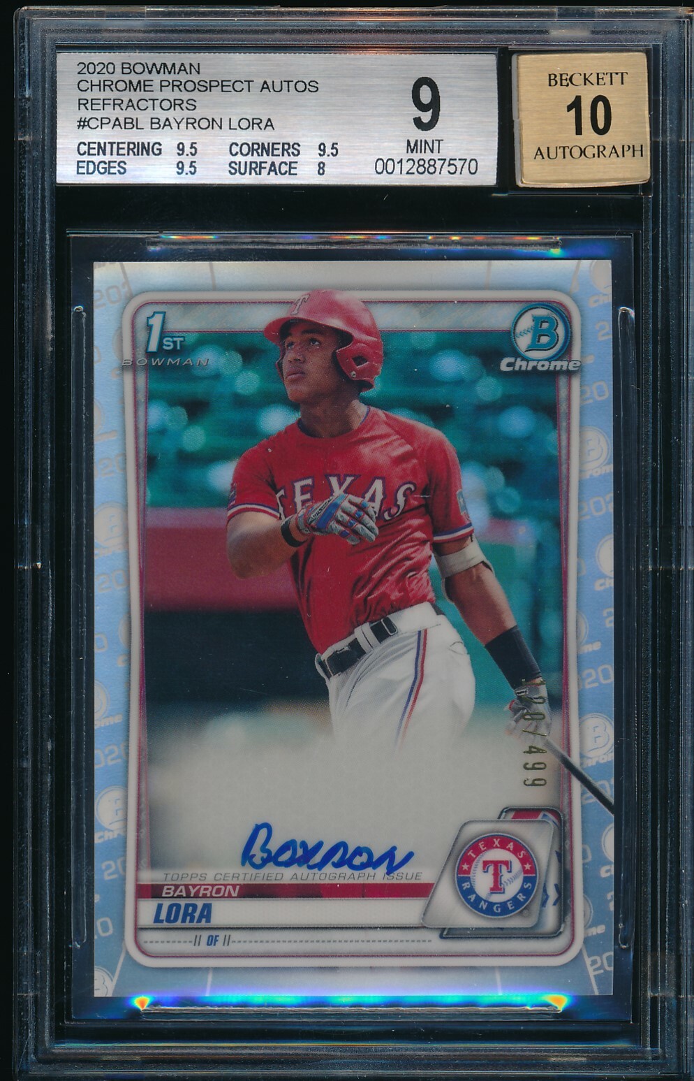 BGS 9/10 BAYRON LORA AUTO 2020 Bowman Chrome Autograph REFRACTOR #/499 RC MINT
