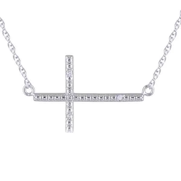 Colgante de cruz lateral con acento de diamantes con collar de cadena de 18" en plata de ley Foto 4 de 4