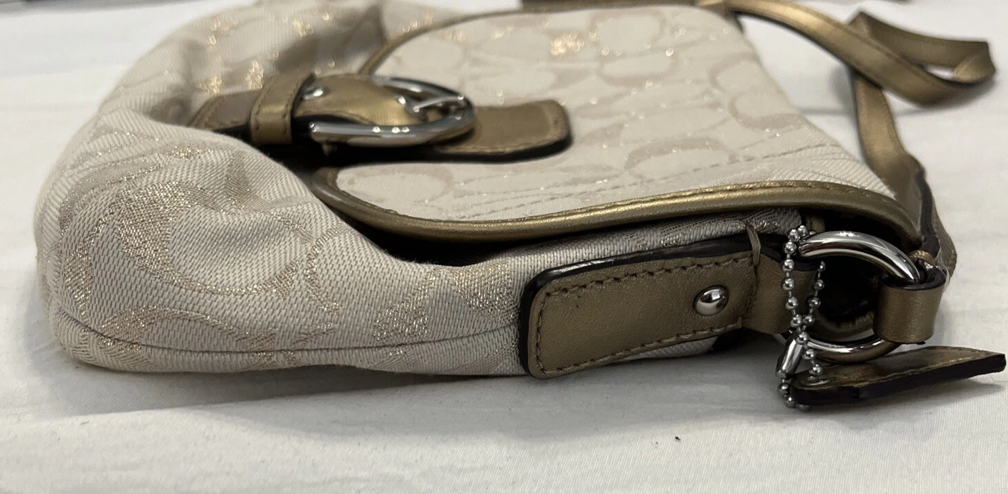 Borsa a tracolla Coach marrone e oro firmata jacquard fibbia patta