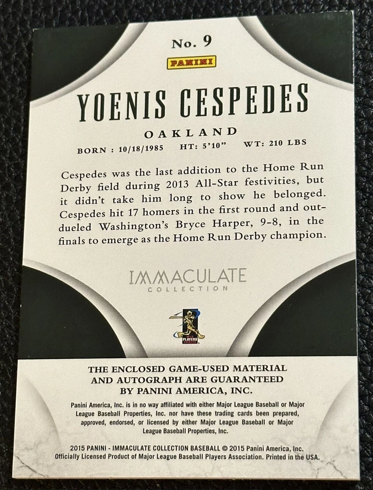2015 Panini Immaculate YOENIS CESPEDES Holo Triple Patch Auto Holo #5/5 A’s - Image 4 of 4
